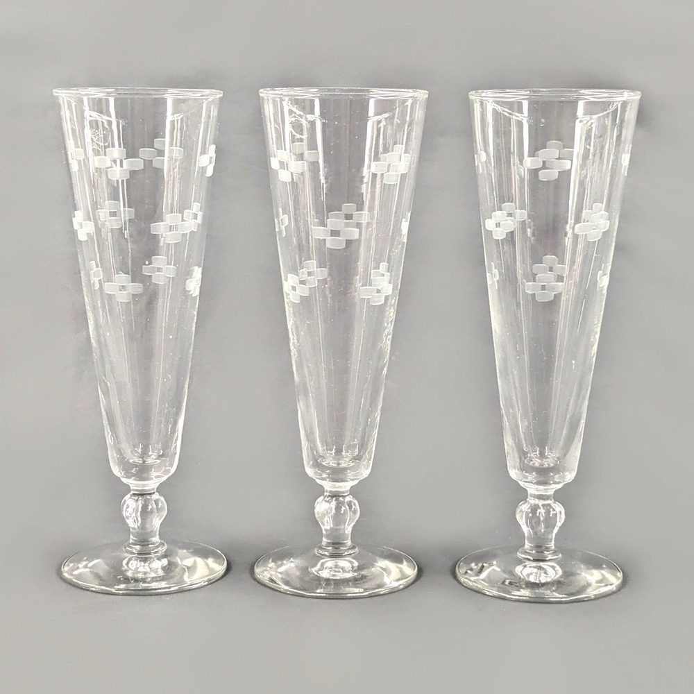 Vintage Etched Glass Champagne Flutes Set of 3 Geometric Pattern Stemware